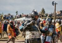 Knights in armor at a historical reenactment event