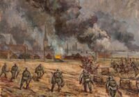 Soldiers advance through a burning, smoke-filled town.