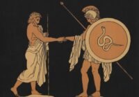 Two ancient greek warriors shaking hands