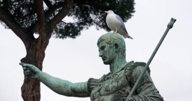 a statue with a bird perched on top of it
